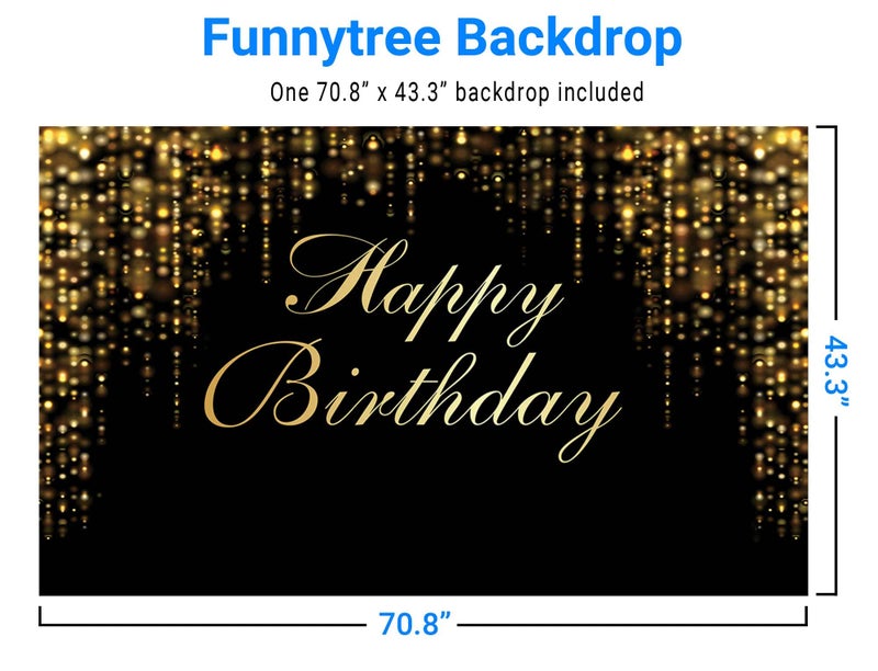 Funnytree Happy Birthday Party Backdrop Black and Gold Glitter Bokeh Sequin Spots Photography Background Golden Sparkle Shining Dots Baby Abstract Milestone Banner Cake Table Decor Photo - Image 2